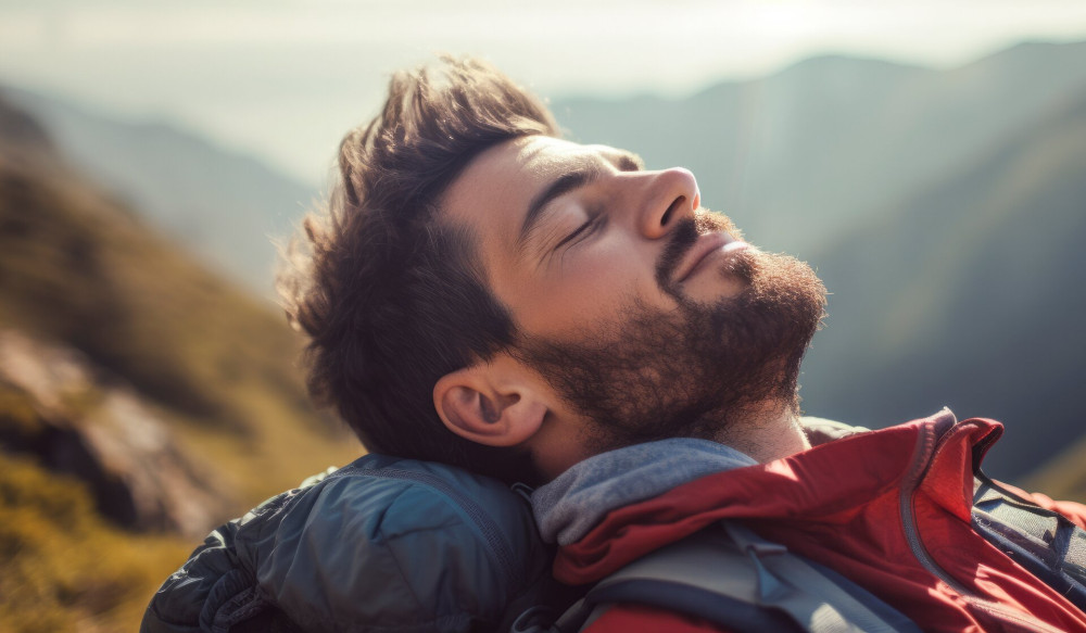 Close-up of a man breathing in fresh air on hiking trail or meditation for mental health