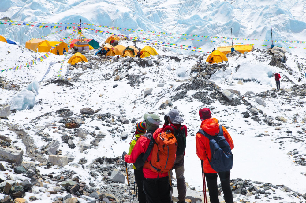 Mount Everest base camp, tents, Khumbu glacier and mountains, sagarmatha national park, trek to Everest base camp - Nepal Himalayas