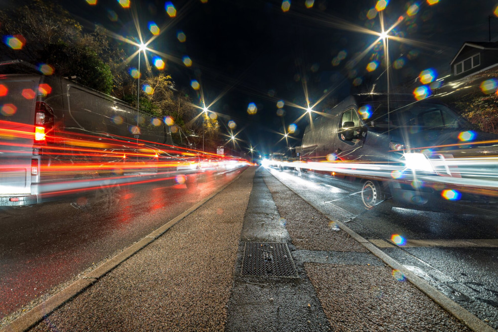 night view of busy uk motorway highway traffic