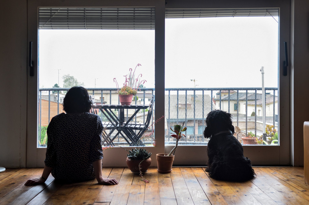 sad woman sitting and looking out the window with her dog